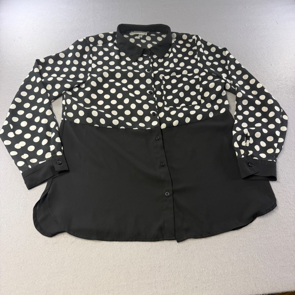 Ophelia Roe Button Up Blouse Womens XL Black Polka Dot Mixed Media Long Sleeve